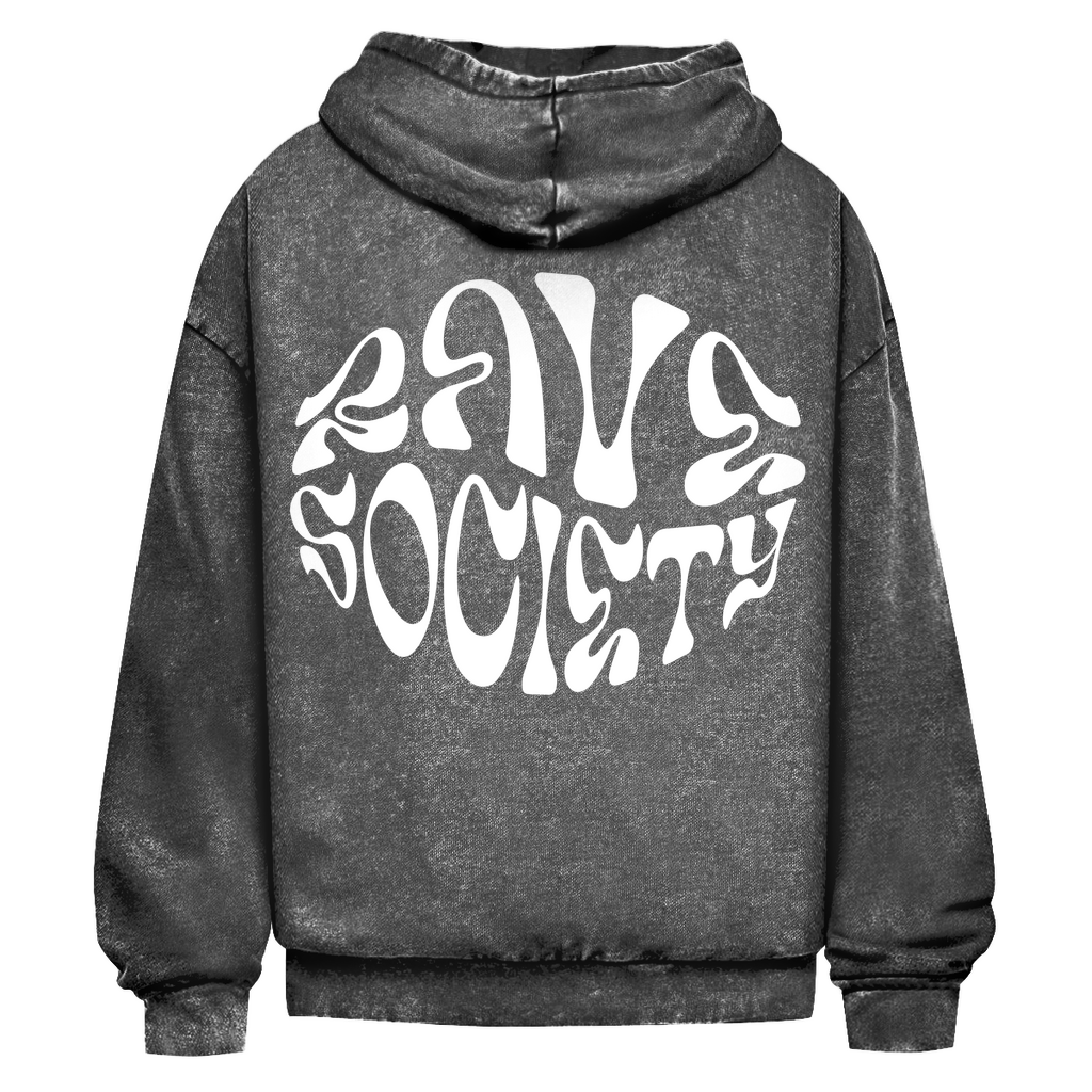 Oversized washed hoodie with Rave Society introvert print, acid wash design, and ribbed cuffs.