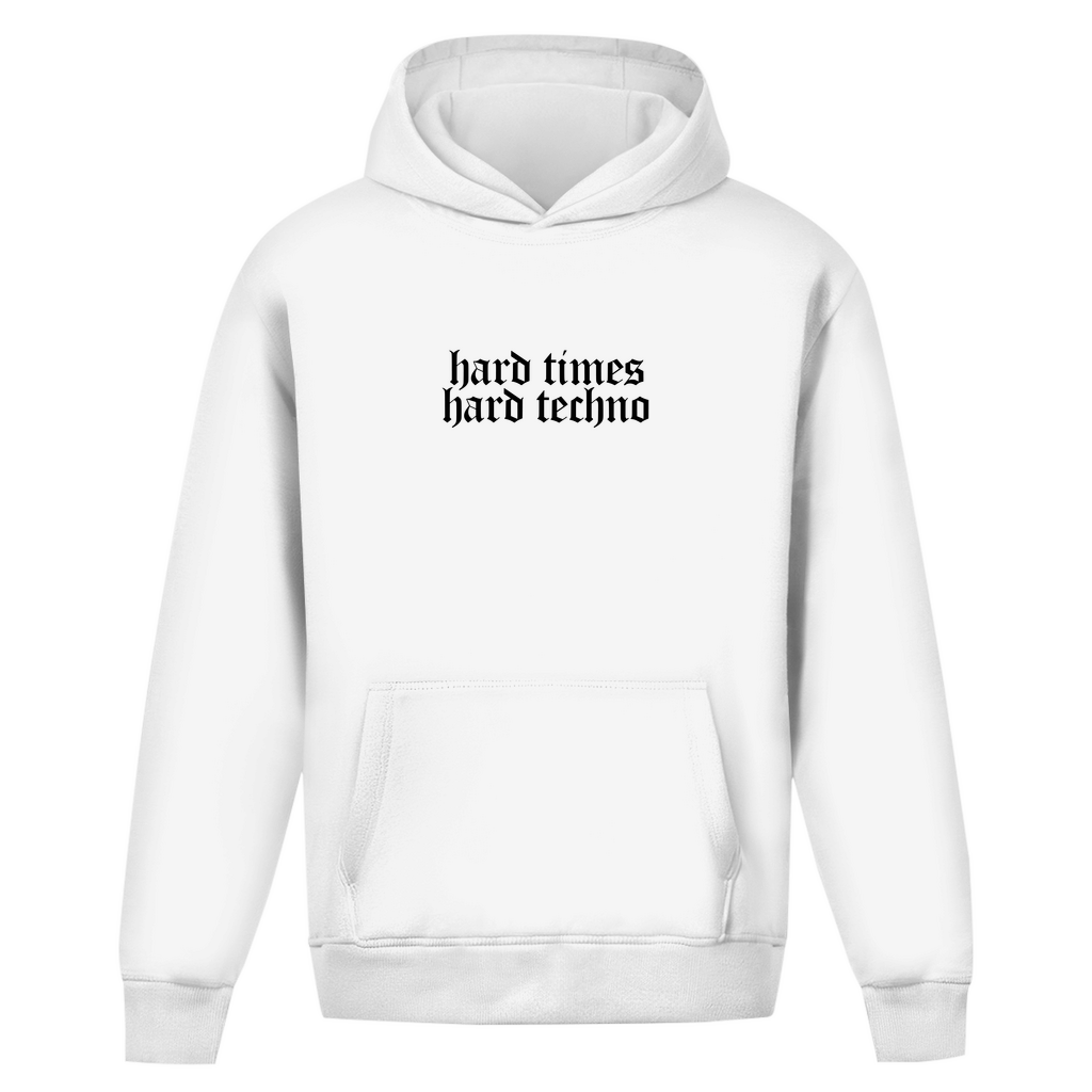 Oversize weißer Hoodie ohne Kordel mit minimalistischem Design und Beuteltasche.