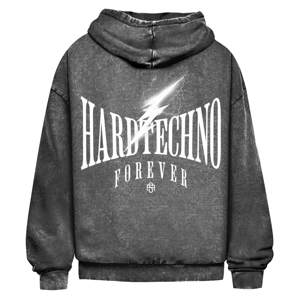 Oversize washed hoodie with Hardtechno Forever print and acid wash design.