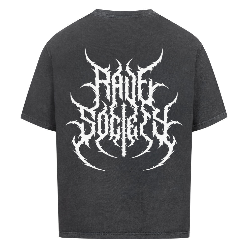 Black oversized shirt with white abstract tribal-style graphic on the back, made of 100% brushed cotton, drop shoulder design.