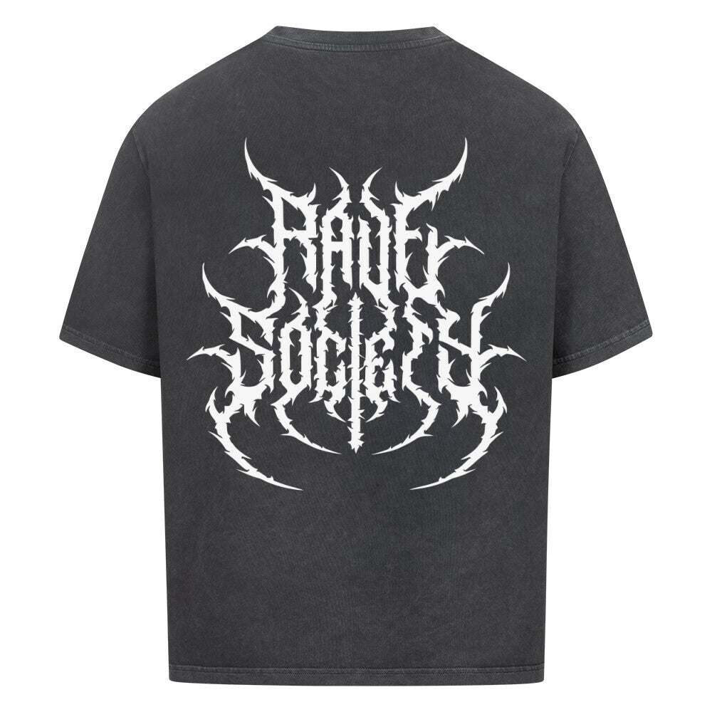 Black oversized shirt with white abstract tribal-style graphic on the back, made of 100% brushed cotton, drop shoulder design.