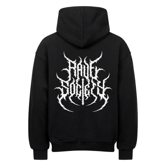 Black oversized hoodie with "Rave Society" white graphic print on the back, made of heavy cotton blend, Hard Times Hard Techno design.