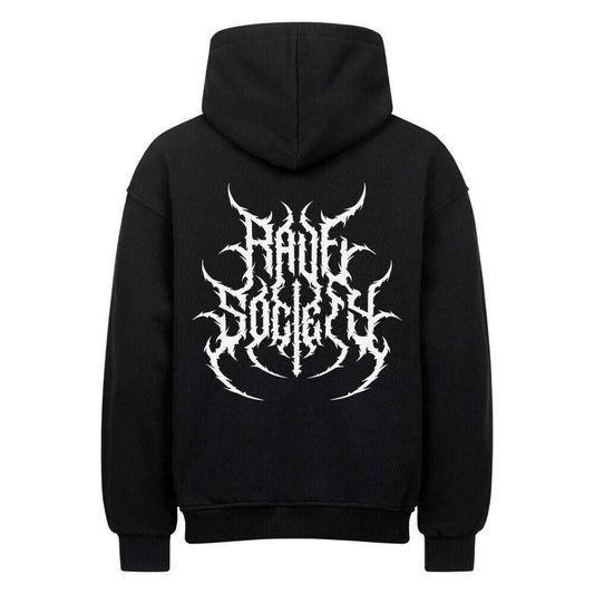 Black oversized hoodie with "Rave Society" white graphic print on the back, made of heavy cotton blend, Hard Times Hard Techno design.