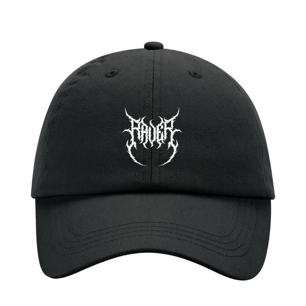 Black Rave Society – Raver Dad Cap with white logo, 6-panel chino cotton low-profile design, adjustable metal closure