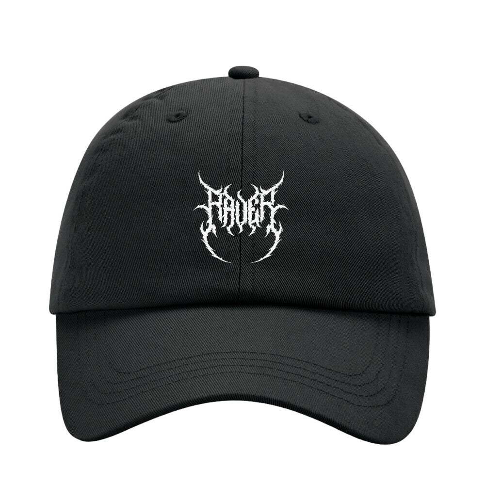 Black Rave Society – Raver Dad Cap with white logo, 6-panel chino cotton low-profile design, adjustable metal closure