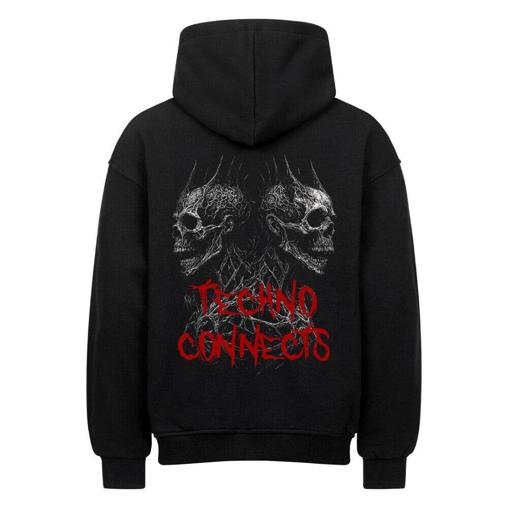 Schwarzer Techno Connects Oversized Hoodie mit weißem Schriftzug – Heavy Cotton von Rave Society