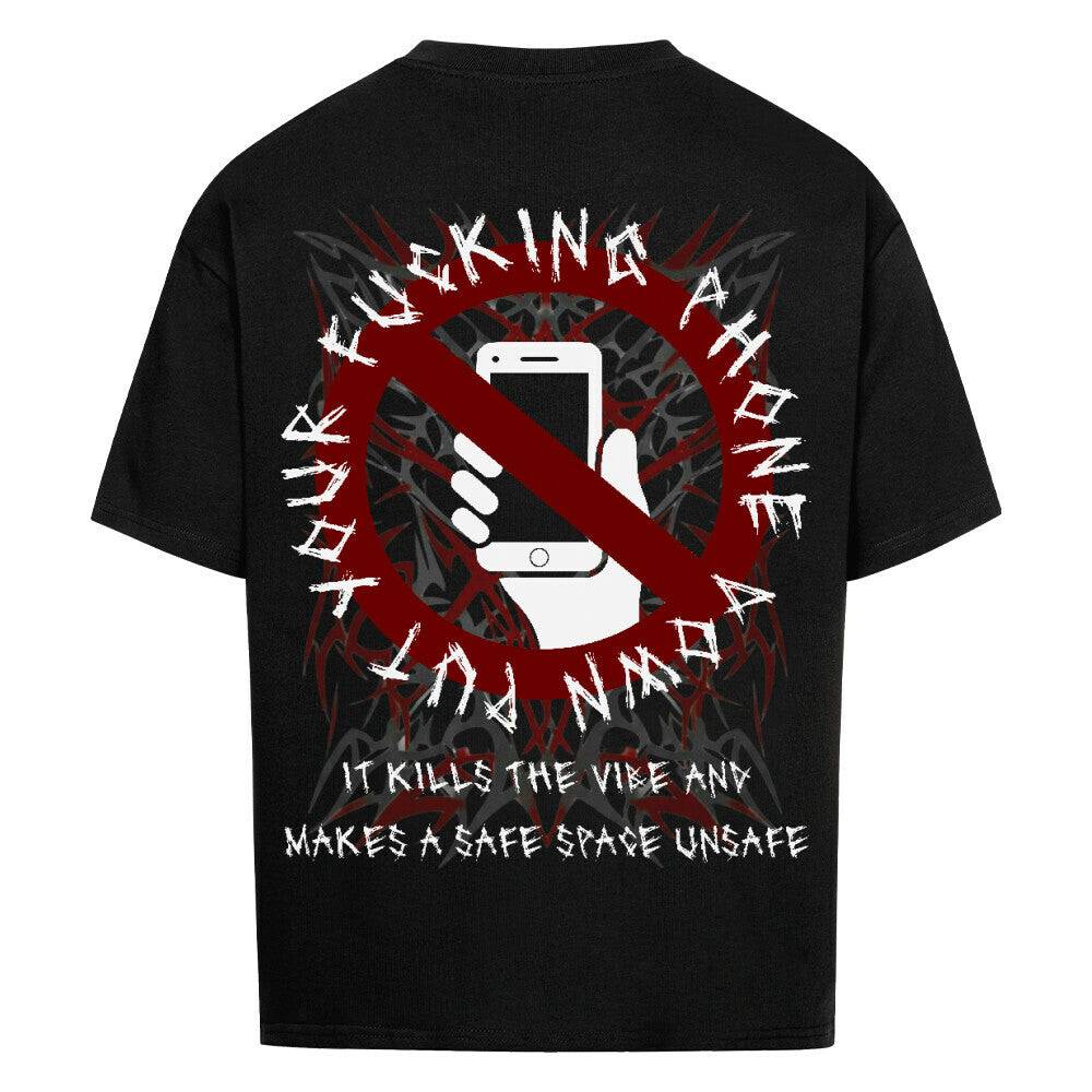 Schwarzes Phone Down Oversized Shirt mit weißem Print – Premium-Baumwolle 240 GSM von Rave Society
