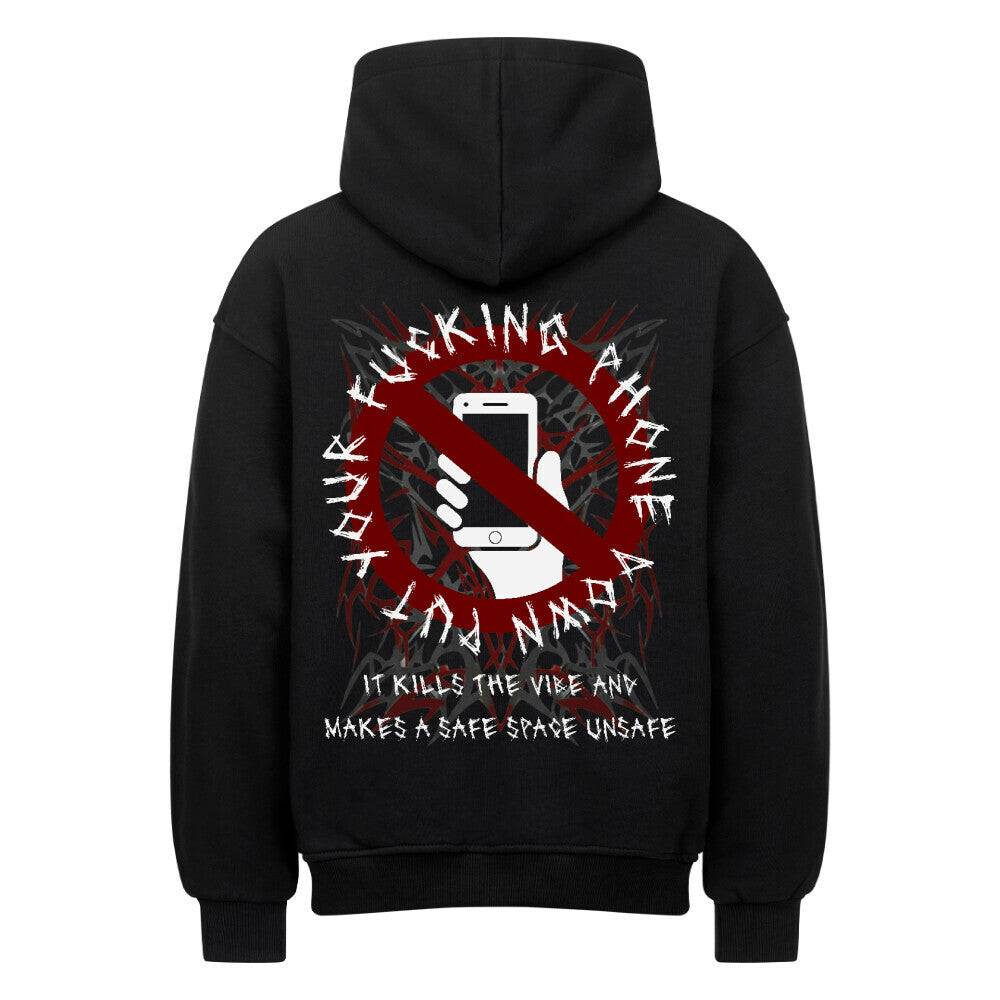 Schwarzer Phone Down Oversized Hoodie mit 'Phone Down'-Print – Heavy Cotton 380 GSM von Rave Society
