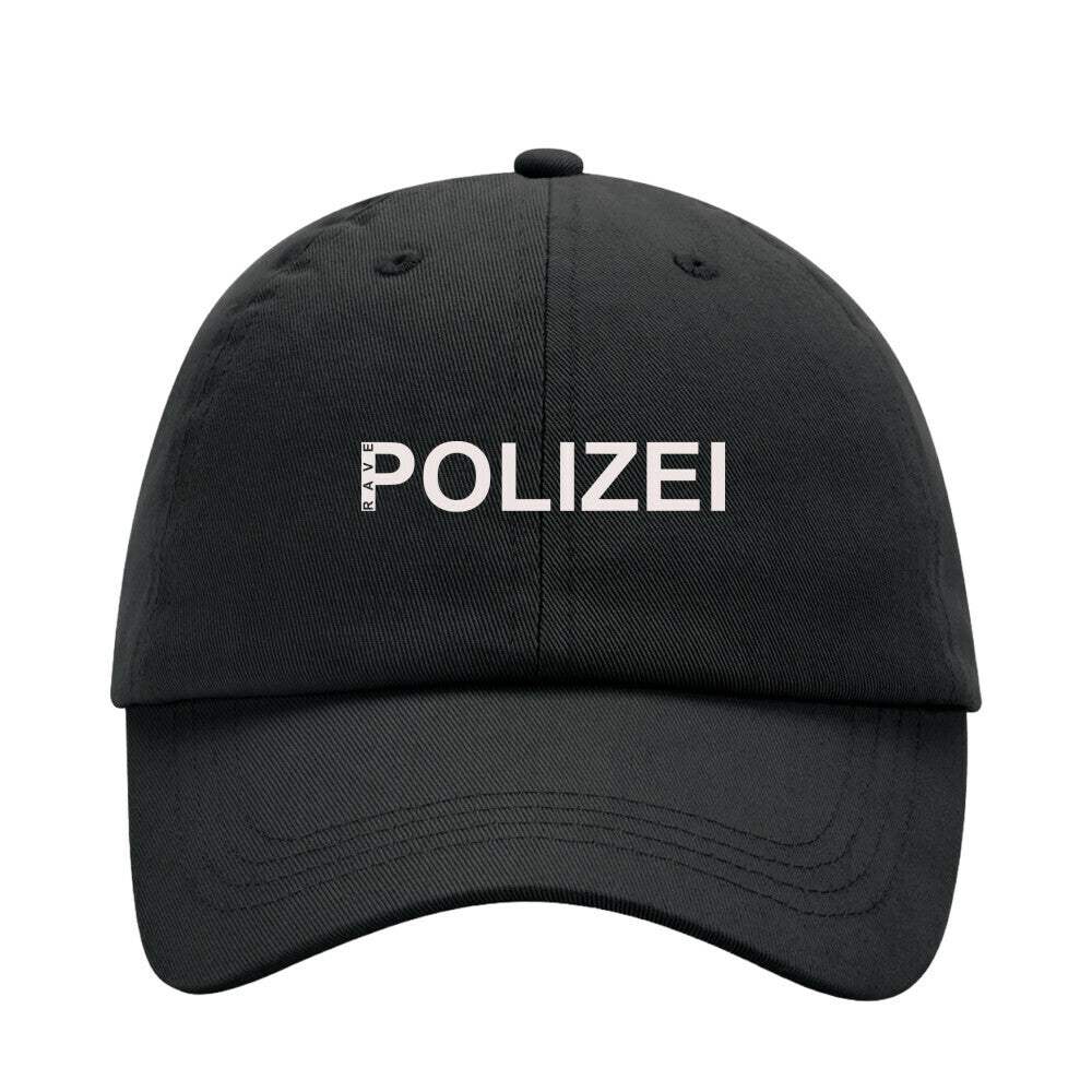 Schwarze Rave Polizei Dad Cap aus Chino-Baumwolle mit weißer Stickerei – Low Profile 6-Panel Cap von Rave Society