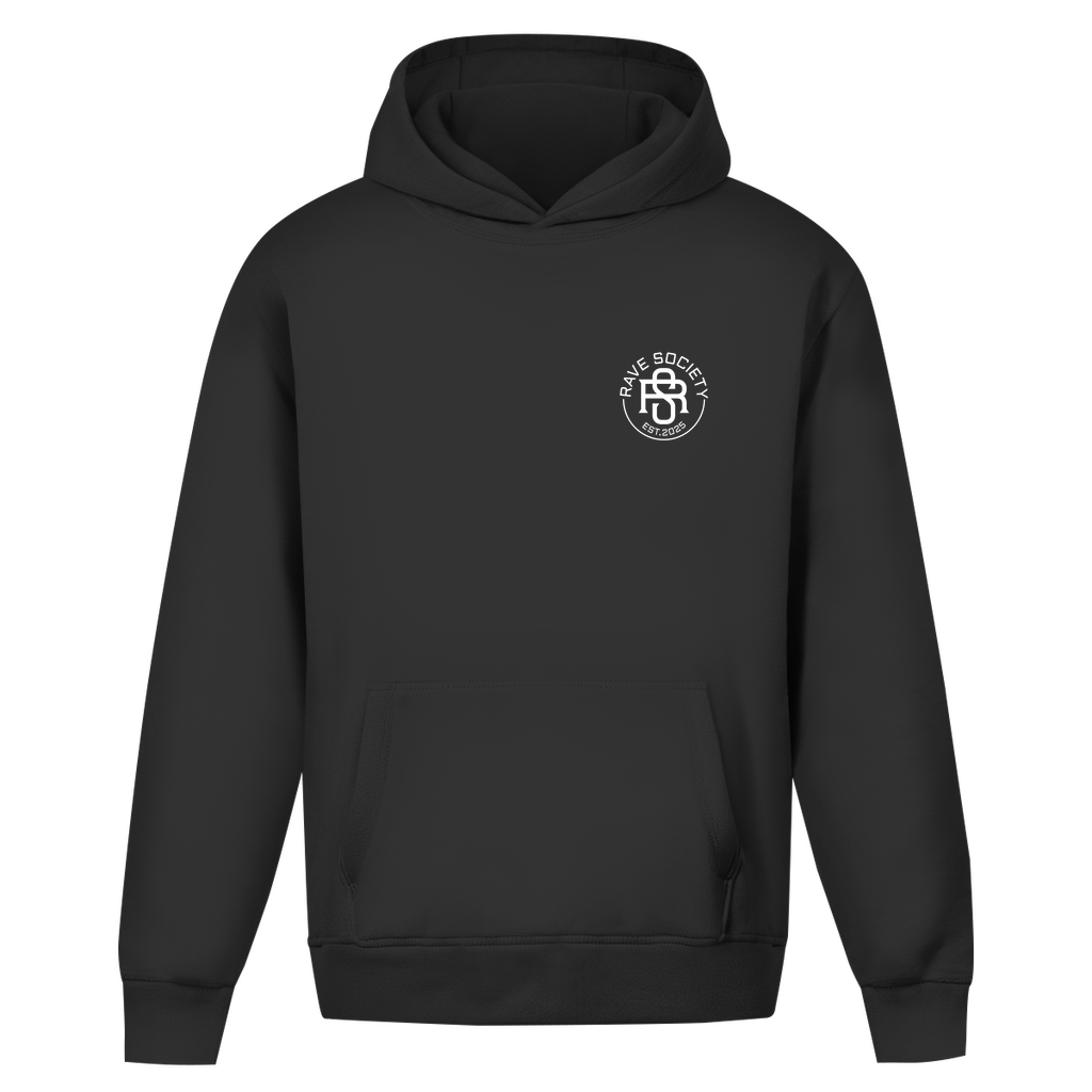 Oversize black hoodie without cords, featuring minimalist design and front pocket.