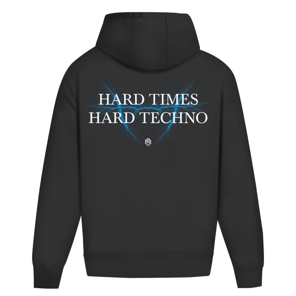 Oversize hoodie without drawstring featuring "Hard Times Hard Techno" text on the back, made from high-quality cotton blend.