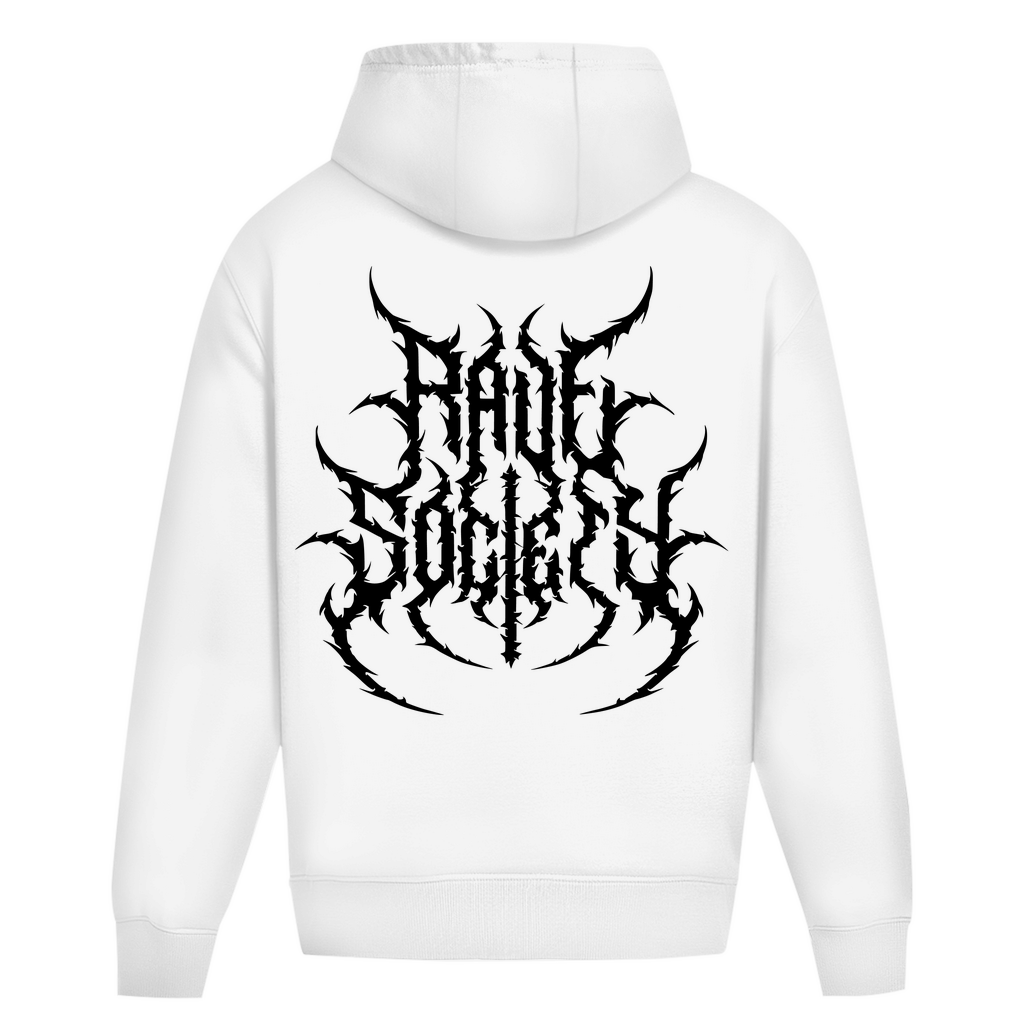 Oversize Hoodie ohne Kordel in Weiß mit großem Rückendruck, minimalistisches Design, gerippte Bündchen und Saum.