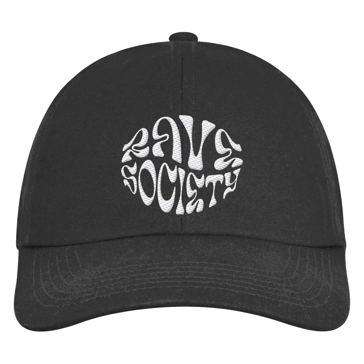 Rave Society Intovert Stiched organic 6-panel cap with curved visor and adjustable strap.