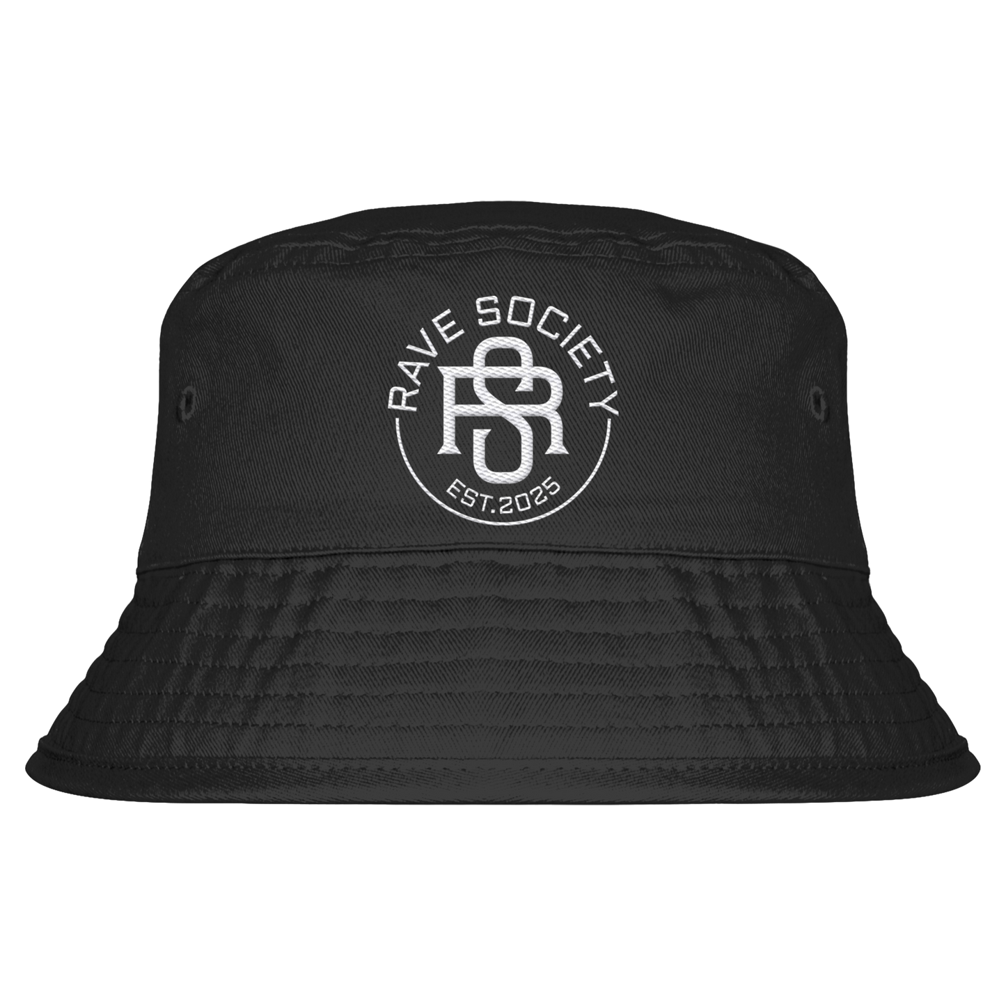 Organic bucket hat with Rave Society logo, black twill, unisex, UPF50+ sun protection.