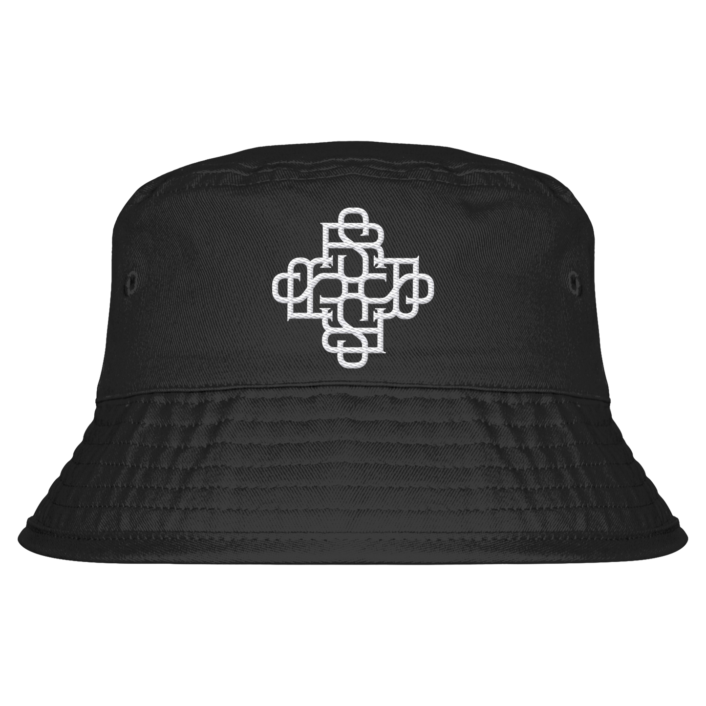Organic black bucket hat with white monogram stitching, featuring ventilation eyelets and UPF50+ sun protection.