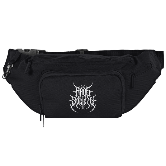 Rave Society Stiched Schultertasche, schwarze Polyester-Tasche mit weißen Schriftzug, verstellbarer Gurt, mehrere Reißverschluss-Taschen.