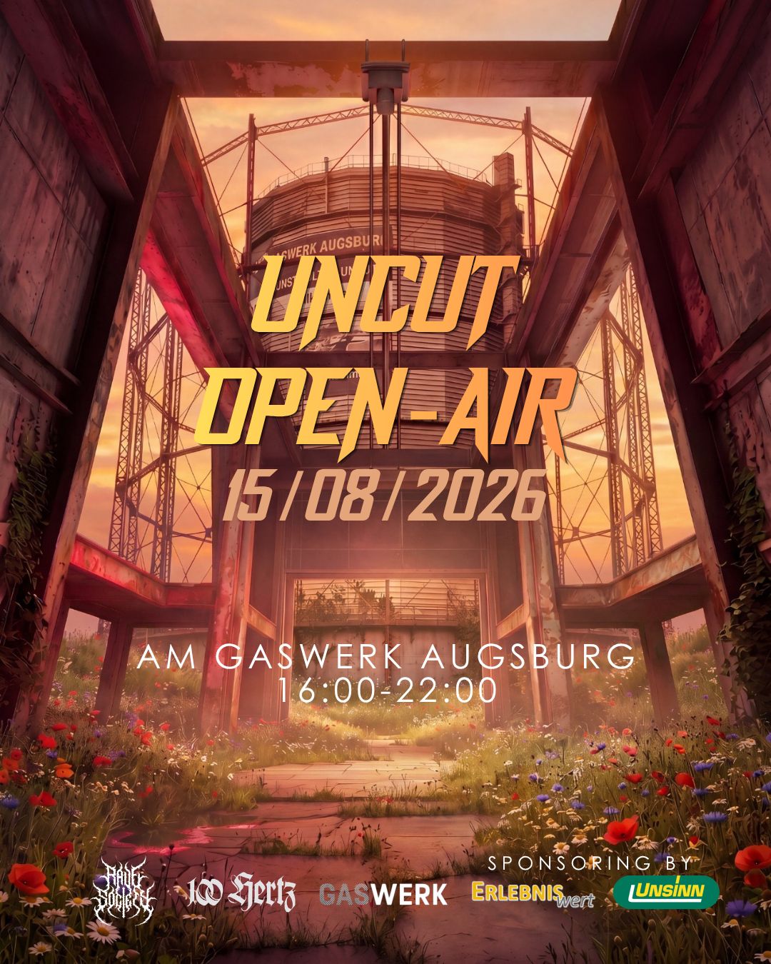 UNCUT Open-Air 2026 – Techno & Electronic Music am Gaswerk Augsburg | 15. August 2026 | Rave Society & 100Hz | VVK Tickets online