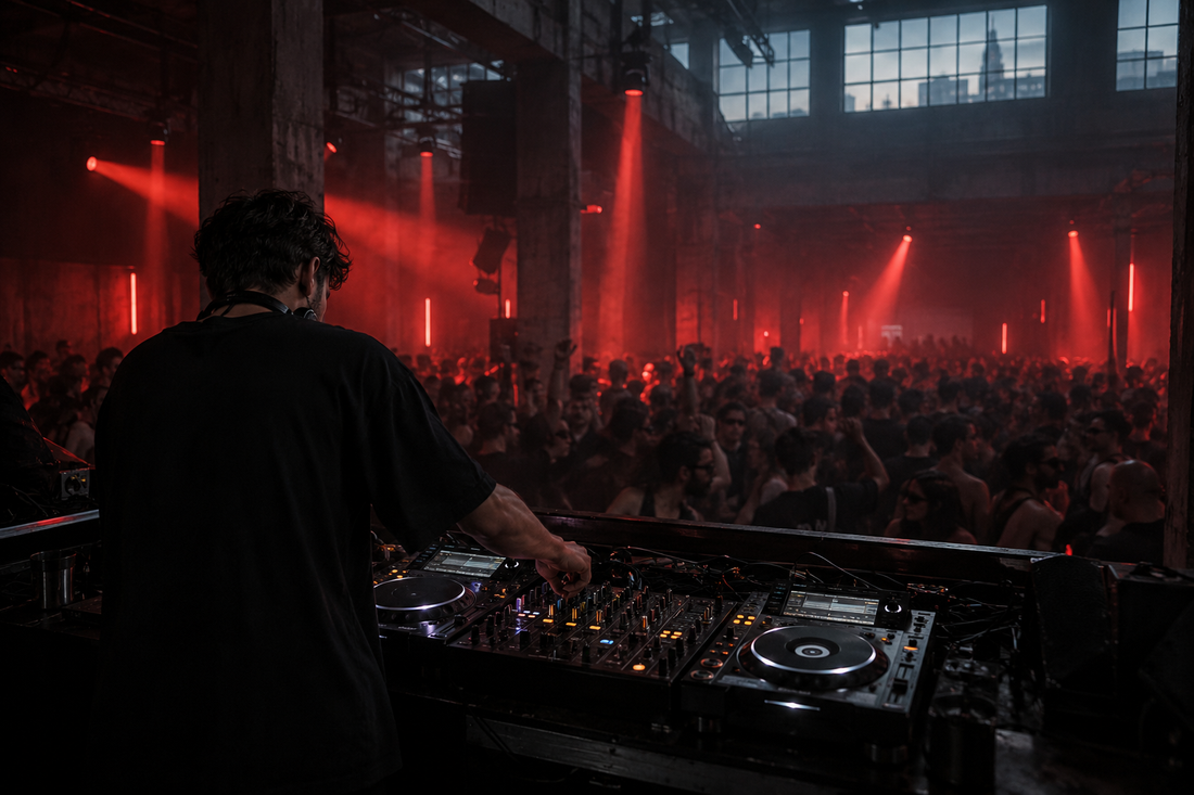 Ein DJ am Mischpult vor einer tanzenden Crowd in einer rot beleuchteten Industriehalle