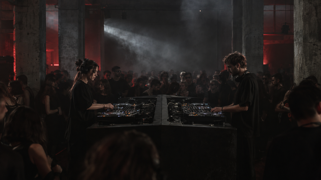 Zwei DJs an gegenüberliegenden DJ-Pulten in einem dunklen Industrieclub, umgeben von tanzenden Gästen