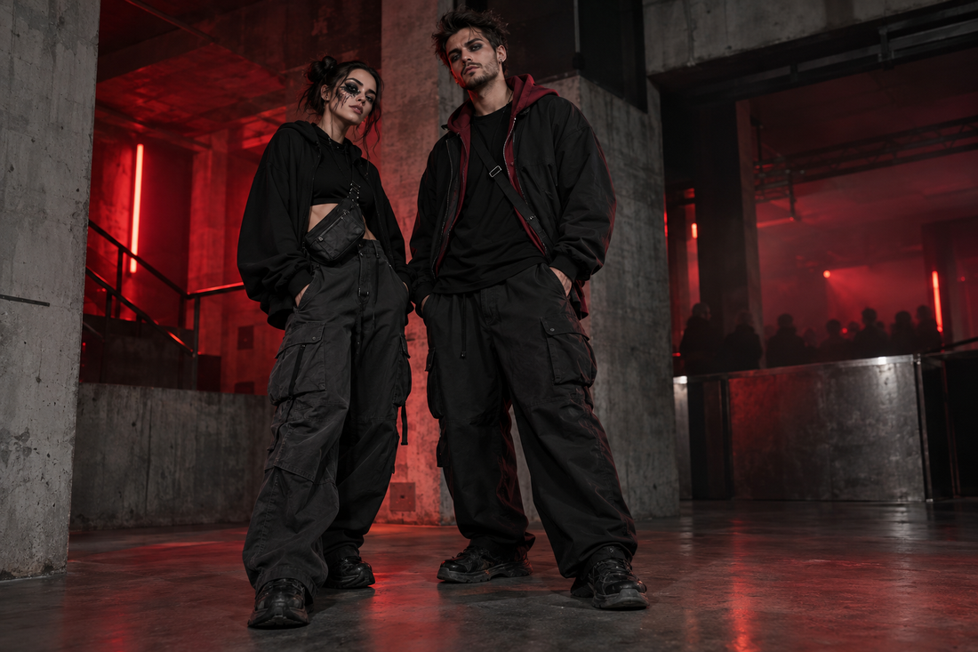 Zwei Erwachsene in schwarzer Streetwear mit Halloween-Make-up vor rot beleuchteten Betonwänden
