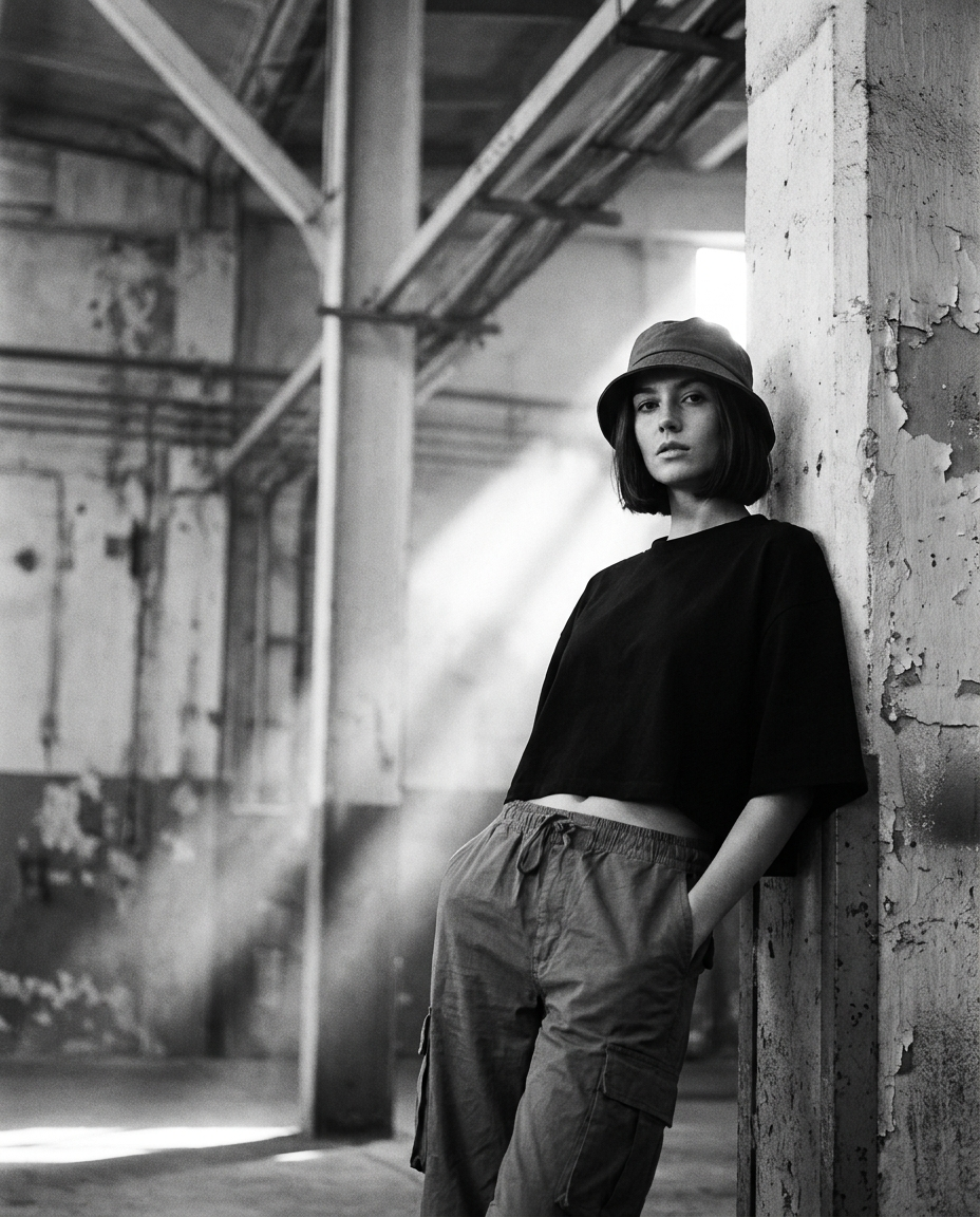 Frau in oversized Crop Top, Cargo Pants und Bucket Hat im Techno Rave Look