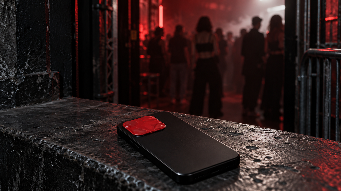 Smartphone mit rot abgeklebter Kamera auf einer dunklen Ablage vor einem rot beleuchteten Techno-Club