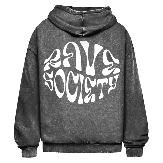 Oversized washed hoodie with Rave Society introvert print, acid wash design, and ribbed cuffs.