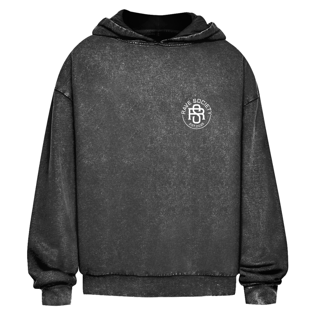 Oversize washed hoodie with Rave Society Introvert logo, acid wash design, and ribbed cuffs.
