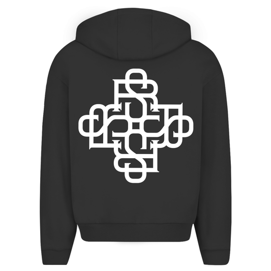 Rave Society Monogramm oversize zipper hoodie with stylish white design on back.
