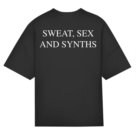 STST Oversize T-Shirt in black with "Sweat, Sex & Synths" text, 100% organic cotton.