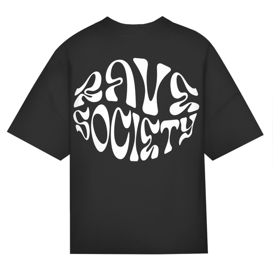 Oversize black T-shirt with "Rave Society" print, made from organic cotton with relaxed fit and dropped shoulders.