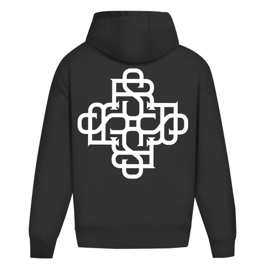 Oversize hoodie with Rave Society Monogram, minimalist design, black color, large kangaroo pocket.