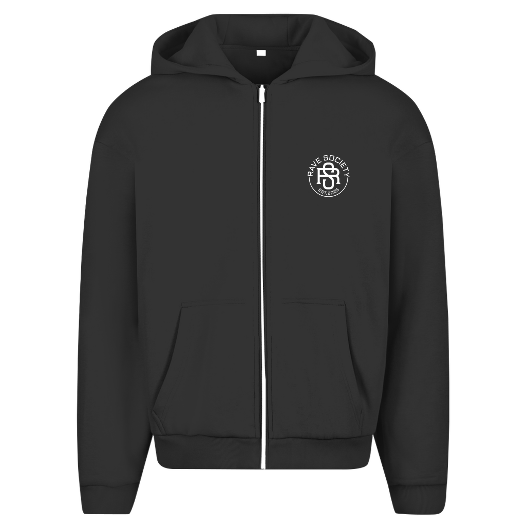 Hard Times Hard Techno oversized zipper hoodie in black with white logo.