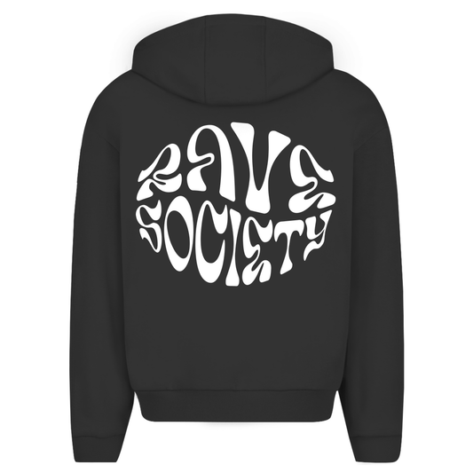 Oversize zipper hoodie with "Rave Society" text on the back, black color.