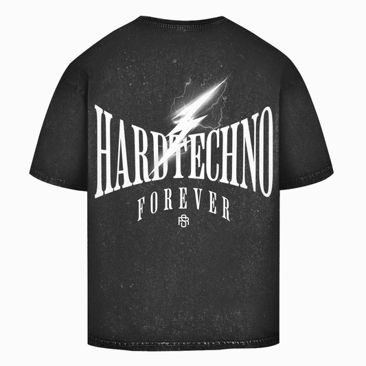 Hardtechno Forever oversize washed T-shirt with acid wash and lightning graphic.