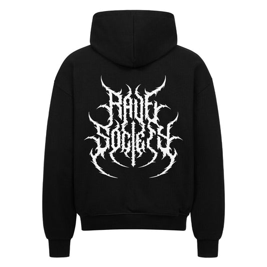 Black oversized zipper hoodie with large hood and bold white graphic print on the back, made of 80% cotton and 20% polyester.