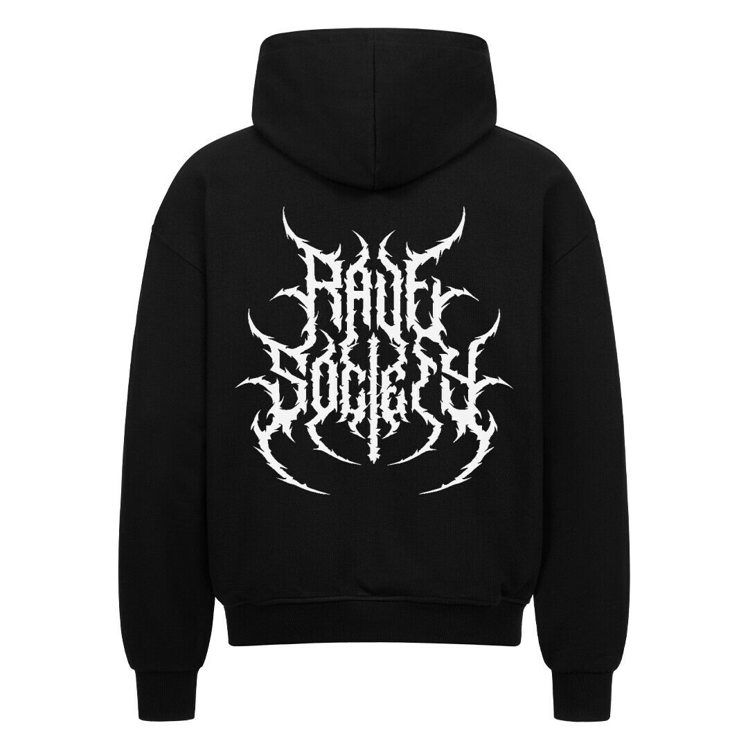 Black Rave Society Oversized Zipper Hoodie with white graphic logo on back, premium cotton blend, large hood, and high-quality zipper