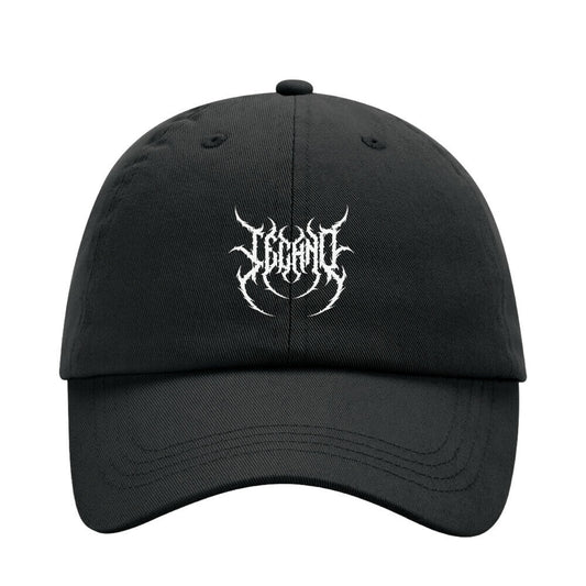 Black Rave Society Techno Dad Cap low profile 6-panel cotton hat with white logo and metal back closure