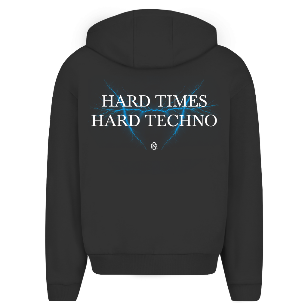 Oversize zipper hoodie with "Hard Times Hard Techno" text and lightning design on the back.