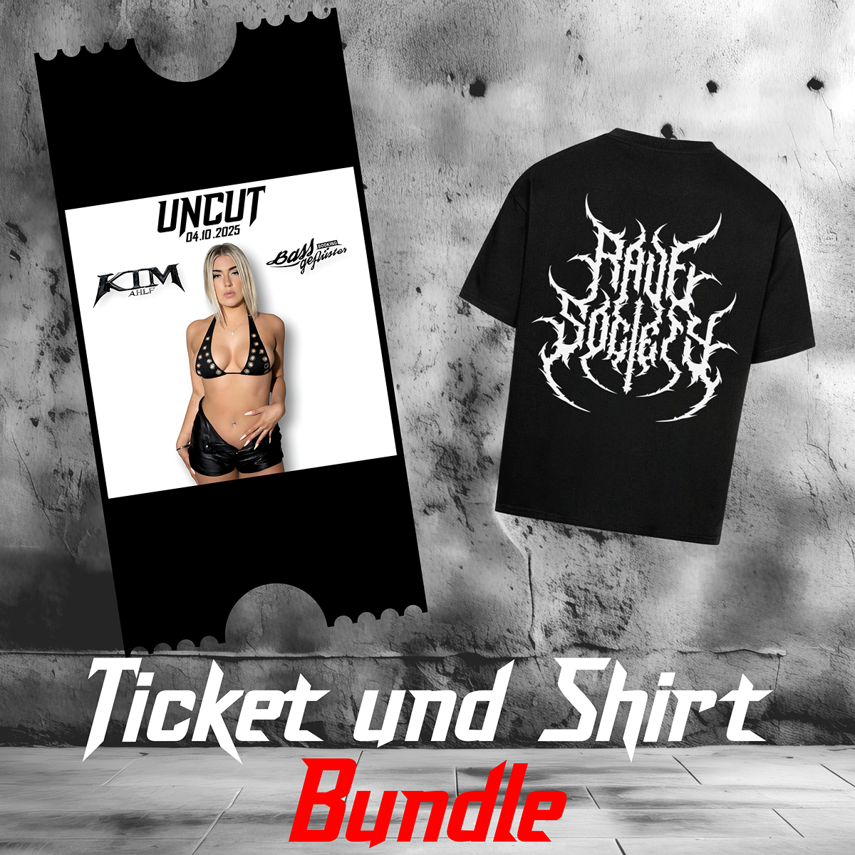 Black Rave Society oversized shirt with white logo and Uncut event ticket featuring Kim AHLF for 100 Hertz Club Augsburg on October 4, 2025, Ticket + Shirt Bundle