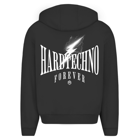 Oversize zipper hoodie with "Hardtechno Forever" design on back.