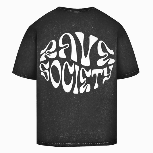 Oversized Rave Society Introvert washed T-shirt with acid wash and ribbed neckline.