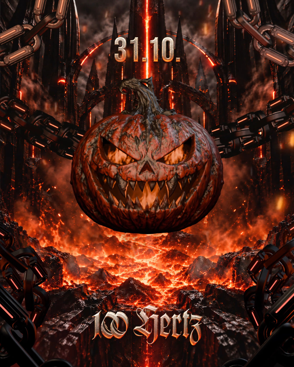 Flyer zum Rave Society Halloween Rave am 31.10.2026 im 100Hz Club Augsburg mit brennendem Kürbis, Ketten und Lava.