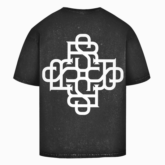 Oversize washed T-shirt with Rave Society Monogram on black fabric.
