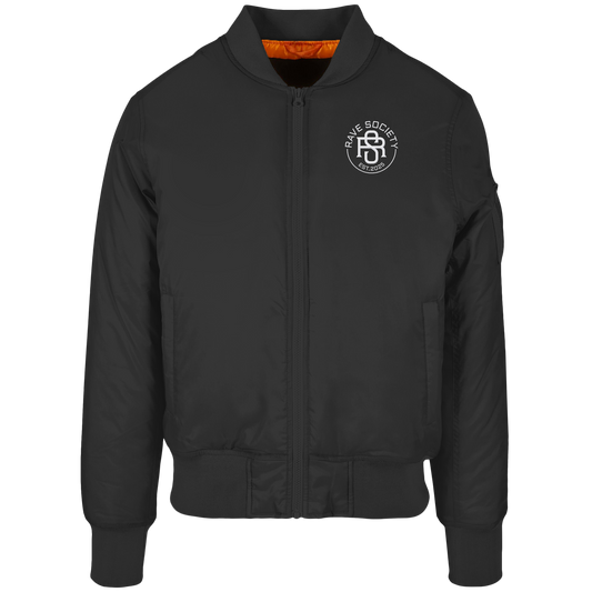Rave Society branded bomber jacket with logo, polyamide material, orange lining, and sleeve pocket.