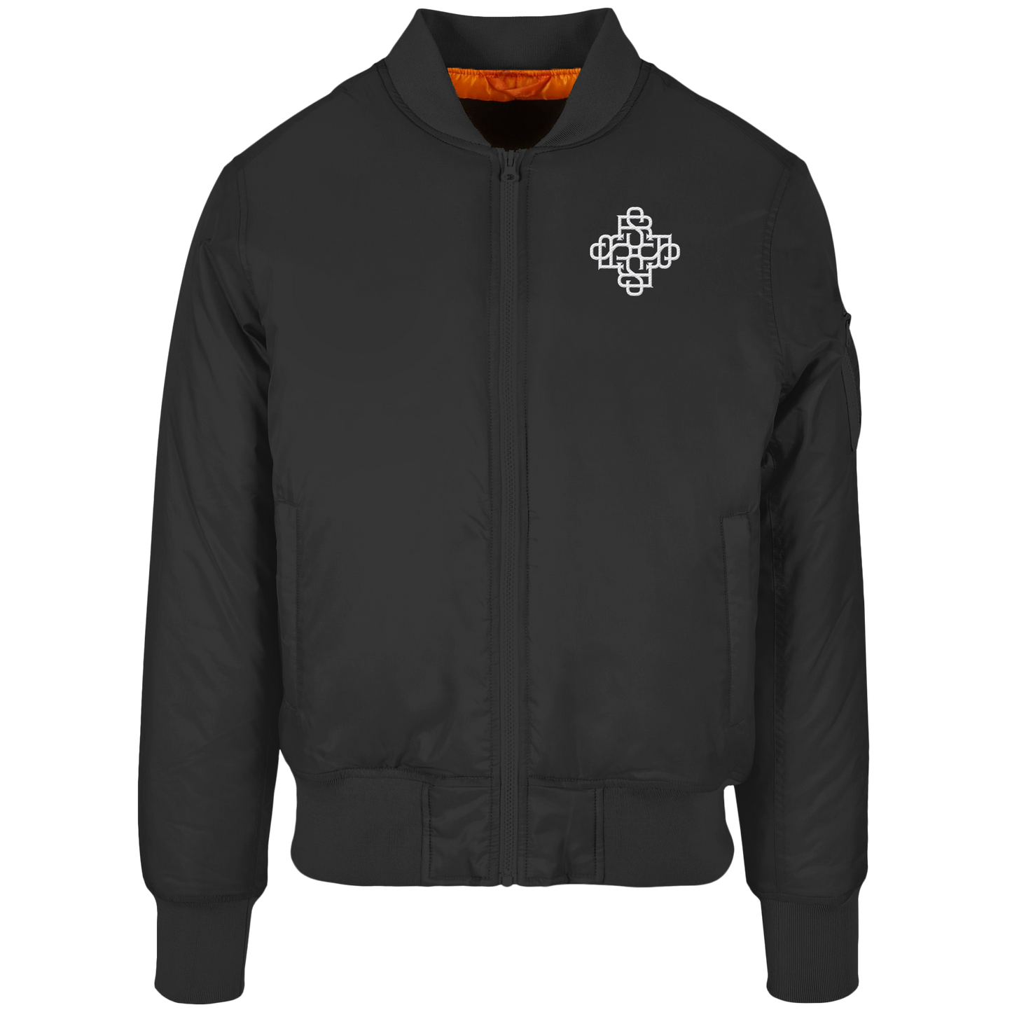 Rave Society Monogramm Stitched Bomber Jacket with orange lining and sleeve pocket.