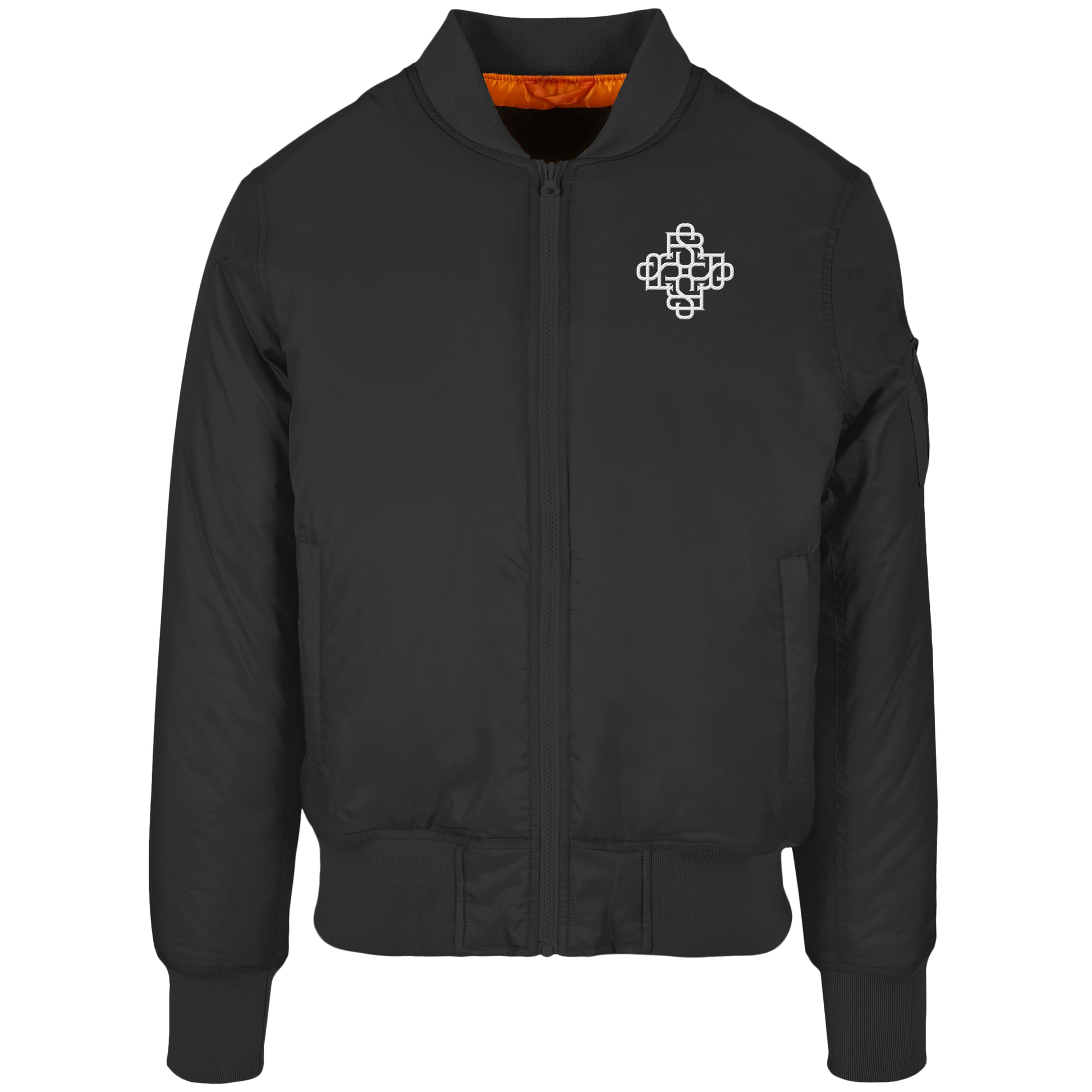 Rave Society Monogramm Stitched Bomber Jacket with orange lining and sleeve pocket.