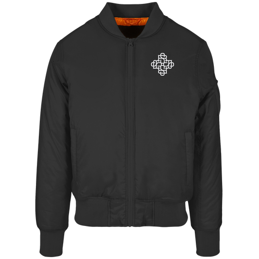 Rave Society Monogramm Stitched Bomber Jacket with orange lining and sleeve pocket.
