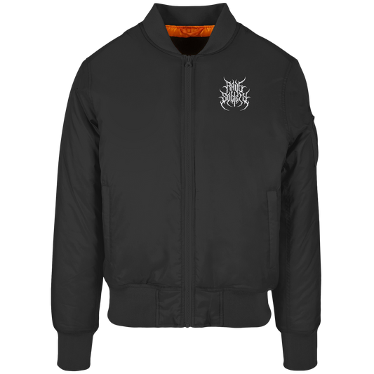 Rave Society Stiched Bomber Jacket with orange lining and sleeve pocket.
