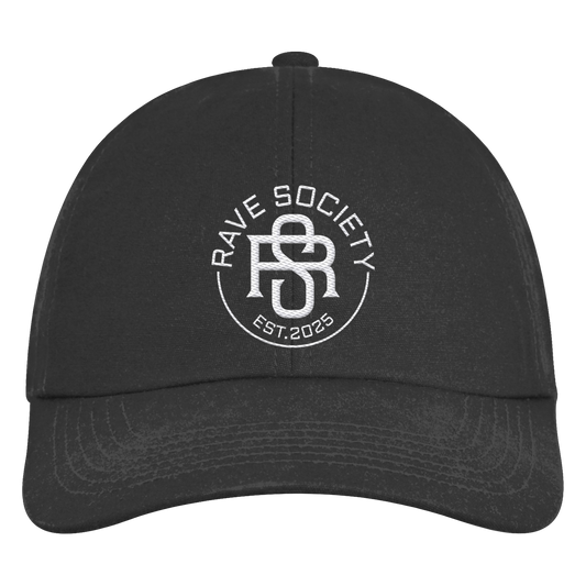 Organic 6-panel cap with Rave Society logo, stitched design, black bio-cotton material.